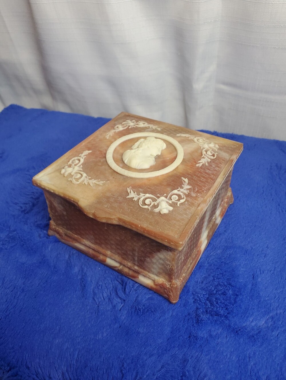 Vintage Victorian Incolay Stone Jewelry Or Trinket Box W/ Orange Velvet Lining
